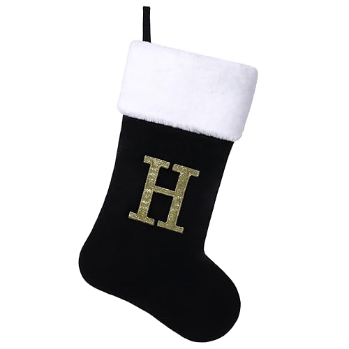 Yehnois Personalized Black Velvet Christmas Stocking,Embroidered Initial“H”
