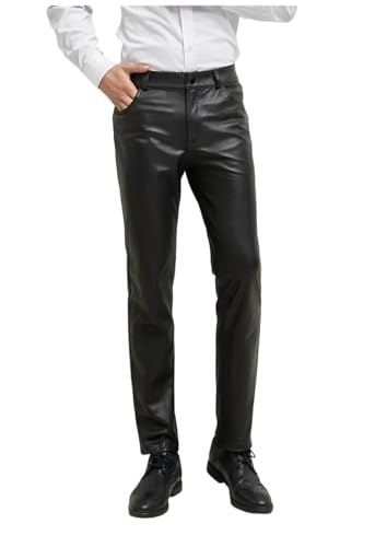 Hndudnff Men Slim Fit Pu Pants Business Casual Small Foot Slim Pants with Pockets - Main Image