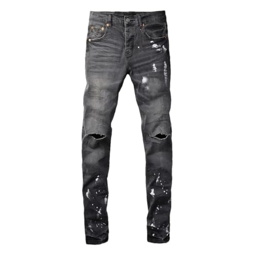 Men’S Y2K High Street Ripped Paint Repair Skinny Pencil Pants Slim Fit Button Fly Slight Stretch Appliques Jeans