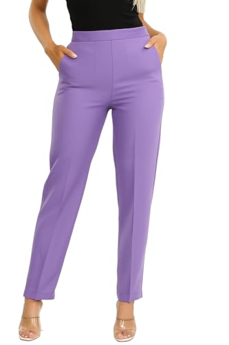 Image of Trousers for Women Smart Suit Pants Ladies Trousers Finely Stitched Stretchy Half Elasticated Waist Pull Up (Purple L25 W8)