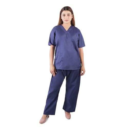 Image of Comfort Scrub Suit for Women - 5-Pocket Set with V Neck Top & Bottom, Half Sleeves, Breathable Fabric - Durable Uniform for Doctors, Nurses, and Dentists in Navy Blue (XL, NAVY BLUE)