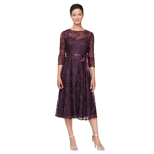Image of Alex Evenings Womens Tea Length Embroidered Cocktail Dress with Illusion Sleeves, Wedding Guest (Petite and Regular Sizes)