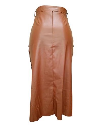 Women's Artificial Leather Half-Length Skirt, high-Waisted Knee-Length Fitted Pencil Skirt with Slits4