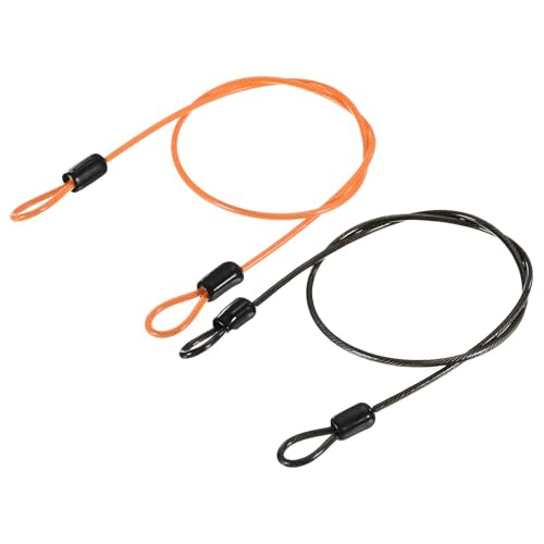 TOP-VIGOR 2Pcs Security Steel Cable, 2.5mm x 0.5m / 1.64ft Coated Safety Wire Rope Double Loop Flexible Security Cable Lock for Outdoor Travel Luggage Bike, Black, Orange