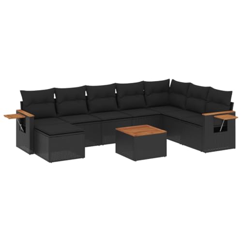 HFXHIJXQ Juego de muebles de jardín de polirratán, color negro, 62 x 62 x 69 cm, con reposabrazos de madera de acacia, espacio de almacenamiento, resistente a los rayos UV, modular, para balcón