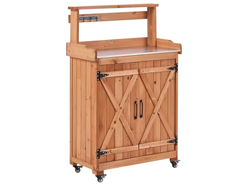 Banco da giardinaggio con contenitore 74 x 40 x 119 cm Piano di lavoro in ferro Mobili da giardino con ruote Legno di abete Marrone