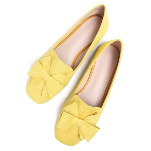 Image of WENJIAZHIZHI Square Toe Bow Ballet Slip-On | Classic Suede Finish,Chic Bow Detail,Effortless Everyday Style,Wedding Party Office,Plus Size Available