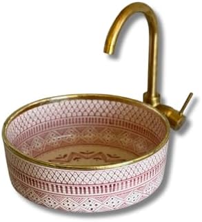 MIRATILE Handmade Ceramic Basin Sink, Handwash Countertop Vanity Basin, Farmhouse Bathroom Basin, Sink Bowl with Brass Rim Edge, Hand Painted Wash Basin Sink (12"= 30cm, Pink)