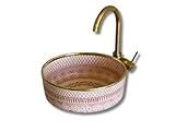 MIRATILE Handmade Moroccan Ceramic Sink with Brass Rim Edge, Above Counter Vanity Vessel, Handwash Countertop Vanity Basin, Farmhouse Bathroom Basin, Hand Painted Sink with 2 Gifts (12