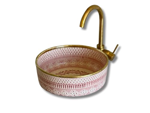 MIRATILE Handmade Moroccan Ceramic Sink with Brass Rim Edge, Above Counter Vanity Vessel, Handwash Countertop Vanity Basin, Farmhouse Bathroom Basin, Hand Painted Sink with 2 Gifts (12