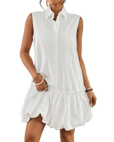 Image of Bsubseach Womens Casual Summer Dresses Sleeveless Linen Bubble Mini Short Dress Button Down Shirt Sundress with Pockets