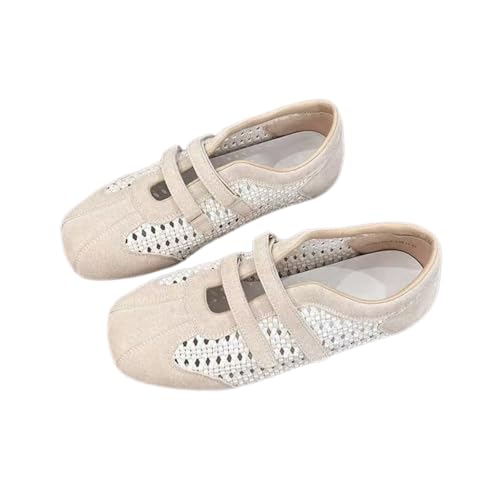 ZQW Women's Woven Mary Jane Ballet Flats Round Toe Hook and Loop Comfortable Lightweight Dressy Shoes Office Work Daily Wear - Main Image