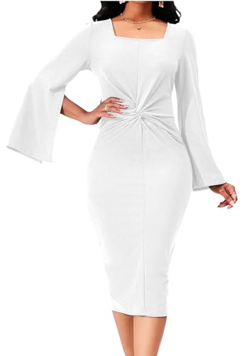 Image of Dresses for Women Elegant Long Sleeves Ruffles Pencil Knee Length Split Business Dress with Belt Zipper