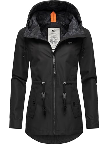 Ragwear wasserdichte Damen Übergangsjacke leichte Regenjacke Kurzmantel mit Kapuze Monadis Intl Black24 Gr. L