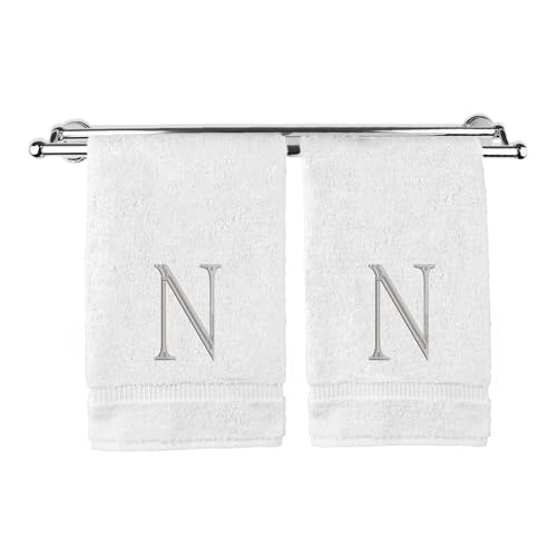 Monogrammed Hand Towel, Personalized Initial Gift, Extra Absorbent 100% Turkish Cotton - Soft Terry Finish - Set of 2 - Silver Block Initial N - Embroidered on White Towels