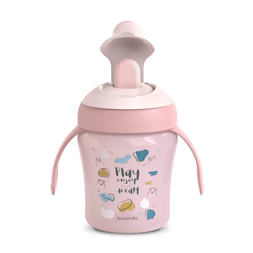 SUAVINEX, Vaso Aprendizaje Bebé con Boquilla Rígida Antidesgarro, Biberón con Asas, Tapa Protectora Abatible, Vaso Antiderrame, 200 ml, Bébés +6 Meses, Apto Lavavajillas, Bears Rosa