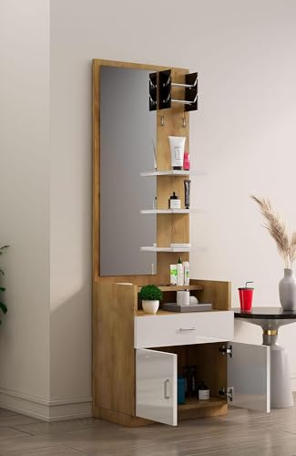 Image of Bniture Engineered Wood Dressing Table Mirror with 1-Drawer, Bangle Holder & Hooks | Vanity Mirror with Shelf (Giant Wood & Frosty White)