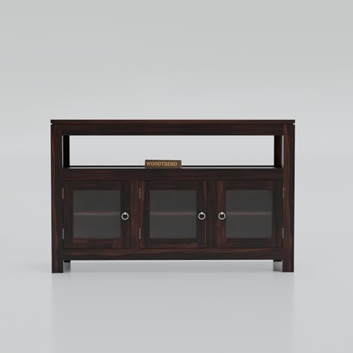 Image of Solid Wood Sideboard Cabinet for Living Room | Wooden Storage Cabinet with Acrylic Glass Doors & Open Shelf (Walnut Finish)