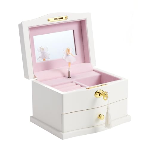 Jozen Gift Ballerina Musical Jewelry Box with Mirror for girls，Kid's Jewelry Storage Music Chest (White-L)
