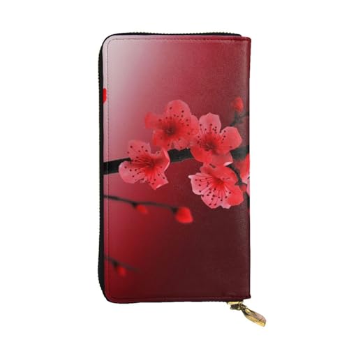 Red Cherry Blossom Wallet for Men Women Long Purse Leather Clutch Large Business Handbag Travel Phone Holder Credit Card Holder Money Case with Zipper Leather Wallets Gift