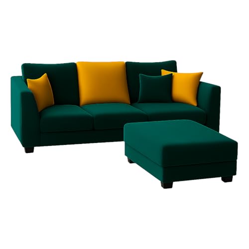 Image of SOCOZI Trevano 4 Seater L Shape Sofa Set with Movable Ottoman | Flexible Left or Right Layout | Soft Velvet Suede Fabric | Modern Design | Plush Comfort Cushions for Living Room (Teal Green-Yellow)