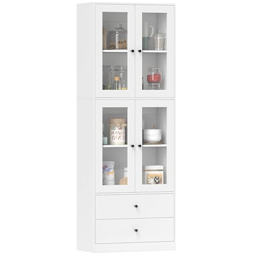 HOMCOM Alacena de Cocina Alta, Mueble Auxiliar de Cocina, con 4 Puertas de Vidrio, 2 Cajones, Estantes Ajustables, 59x30x170 cm, Blanco