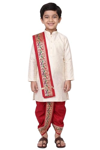 Image of Boys Dhoti Kurta Set Sherwani Style for Kids | Ethnic Traditional Kids Wear with Patiala Dhoti & Dupatta | Wedding Dress for Boys | Indian Cultural Outfit for Puja Festival Party