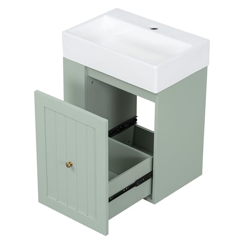 GDFStudio Carter 20" Modern Bathroom Vanity with Sink, Wall Mounted Vanity Organizer with Drawer and Side Shelf, Vanity Bathroom Cabinet for Compact Spaces, Single Sink Bathroom Vanity, Green by GDFStudio - Image 6