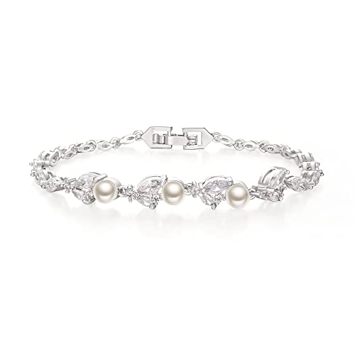 Clearine Wedding Bridal Pearl Bracelet for Women, Elegant Sparkle Marquise Cubic Zirconia Tennis Bracelet, Silver Plated Party Prom Jewellery