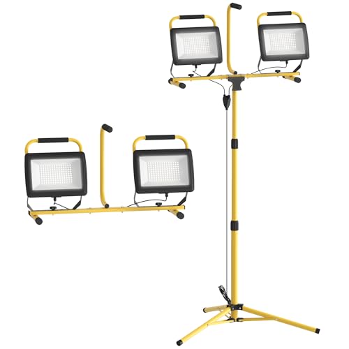 HOMCOM Faro da Cantiere da Lavoro 2x100W, Faretto da Cantiere da 6500K 17000LM con Treppiede Staccabile, Testa Girevole e Supporto Regolabile, Faretto a LED in Alluminio e Metallo, IP65, Giallo e Nero