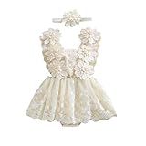 Covvoliy Newborn Baby Girl Romper Dress Lace Floral Sleeveless Tulle Dress with Headband Infant Summer Mesh Jumpsuits (Khaki, 6-12 Months)