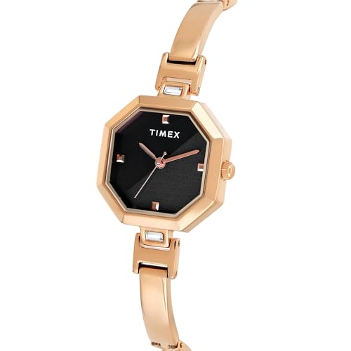 Image of TIMEX Analog Watch for Women with Black Octagonal Dial & Rose Gold Brass Bracelet Band Water Resistant Women's Wrist Watches - TWEL195SMU04