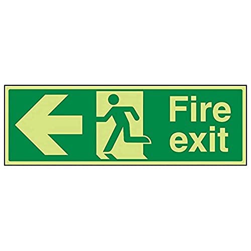 V Safety 14003BJ-G Glow In The Dark Fire Exit Arrow Left Sign - 450mm x 150mm - Rigid Plastic, Green