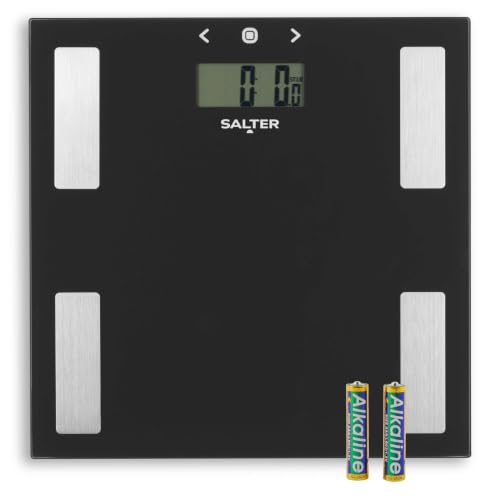 Salter 9150 BK3R Glass Analyser Bathroom Scale - Digital Weighing Scales, Measures Body Weight/Fat/Water/BMI, Accurate Instant Readings, Includes Athlete Mode, Easy to Read, Large LCD Display, Black