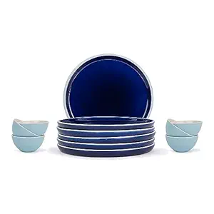 Shay Ceramic Dinner Set, 12 Pcs, Blue Grey | Crockery Set for Dining Table | Dining Sets Crockery Items | Matte Finish | Premium Stoneware (Blue Grey Rim Plate Set, 12 Pieces)