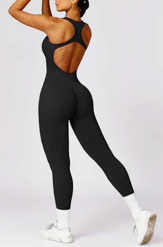 GymNatural angelana Black Jumpsuits for Women Workout Romper One Piece Outfit Unitard Racerback Bodysuit Tummy Control Padded Bra Gym Ribbed Jumpsuit Black, M
