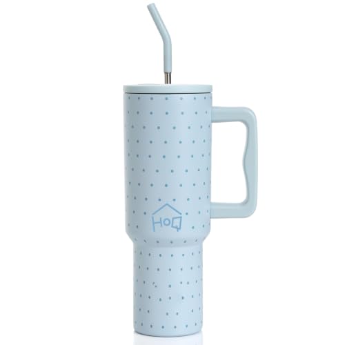 Image of House of Quirk 1200ML Stainless Steel Tumbler with Handle & Lid, 2 Straws - Large Travel Mug Water Cup for Gym, Office & Outdoor Use (Blue Polka)