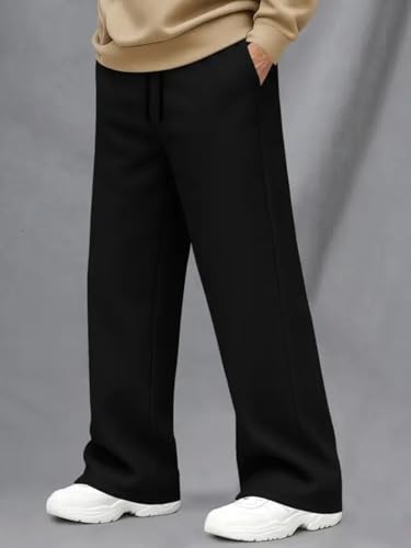 Image of Men's Black Wide Leg Track Pants | Oversized Baggy Loose Fit Trousers for Men | Casual Straight Fit Lower with Elastic Waist for Gym, Travel