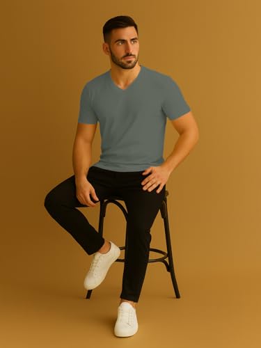 Image of Friskers Men's V-Neck Short Sleeves Cotton T-Shirt - Casual T-Shirt, Regular Fit