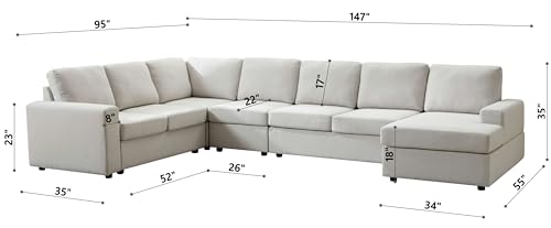 Image of Ball & Cast 147 inch L-Shaped Sectional Couch for Living Room with Reversible Chaise & Removable Back Cushions,7 Seat Linen Upholstered Convertible Sectional Sofa Set,DIY Combination,for Home,Office,Beige