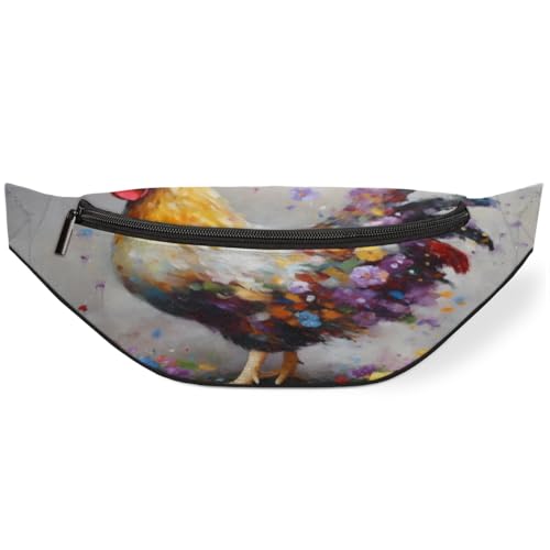 Watercolor Rooster Flowers Fanny Pack for Women Men Waist Pack Crossbody Bag with Adjustable Belt for Travel Hiking Running Cycling Festivals