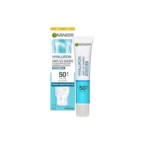 Garnier SkinActive Hyaluron Anti-UV Diario Fluido Protector de Barrera Cutánea Invisible con [Ácido hialurónico + Glicerina]. Protege e hidrata todo el día. FPS 50+. Apto para pieles sensibles. 40 ml.