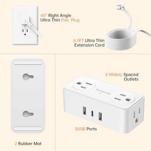 6.5Ft Power Strip with Surge Protector, 4 Outlets 3 USB Ports Extension Cord, Flat Plug Charging Station for Home Office Desk & College Dorm Essentials, White - Image 6