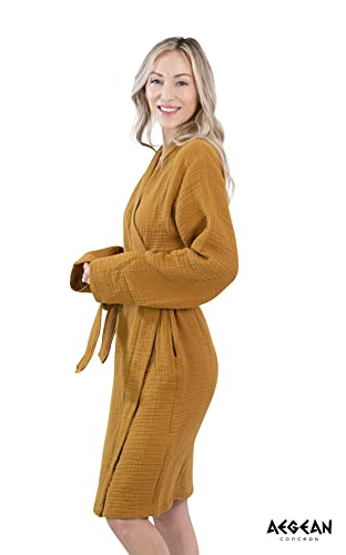 Aegean Concept - Muslin Bathrobe Organic Turkish 100% Cotton | Unisex - Men And Women | Super Absorbent, Sustainable And Cozy, Breathable And Fast Dry - Bath, Beach, Pool, Spa, Shower, Gym [Mustard-L] #TOP2