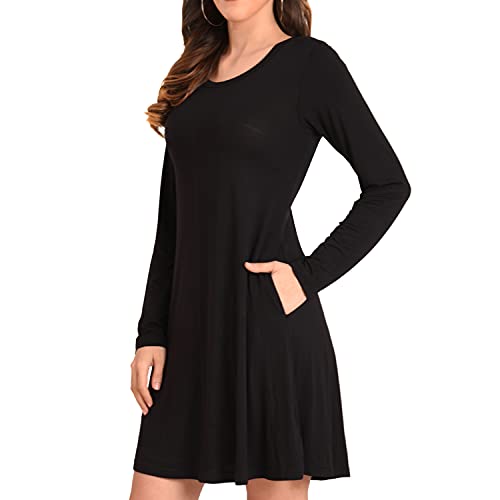 Image of Miss Lavish London Women's Long Sleeve Swing Dress with Pockets Relaxed Fit Soft Casual Dress