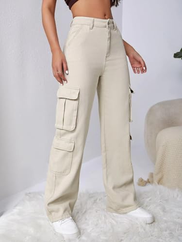 Image of GRECIILOOKS Cargo Jeans for Women - Wide Leg High Waist Baggy Denim Pants | Casual Fit Trousers with Utility Pocket Design
