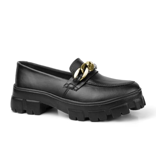 Mocassim Tratorado Feminino Sapato Corrente Blogueira Casual (Preto, BR, Adulto, Numérico, M, 37)