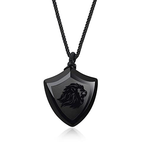 COAI Shield Lion Necklace Obsidian Stone Necklace for Men Women