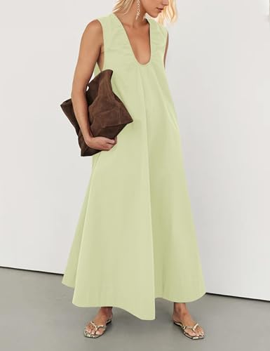 Image of Women Flowy Maxi Dress Ruched Sleeveless Long Dress Vacation Fashion Summer Casual Loose Fit Sundress with Pockets