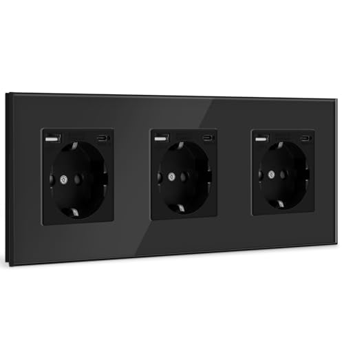 BSEED USB Steckdose Tripel Schwarz Schuko Wandsteckdose mit USB Anschluss (Max. 2.1A) Typ C Port Unterputz Steckdose Glas Ladegerät für… – Ansicht 1